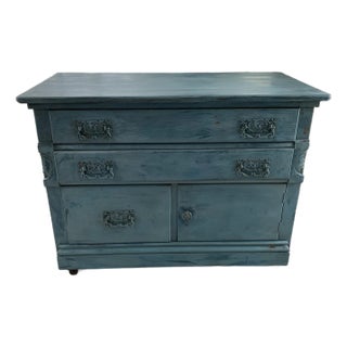 Antique Oak Petite Chest in Blue Paint For Sale