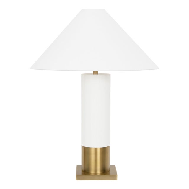 Matthew Izzo Home Bishop Glossy White Lacquer Table Lamp With Brushed Brass Base and White Linen Coolie Shade For Sale