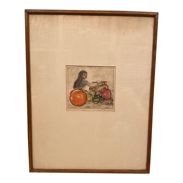 Max Pollak Original Signed Colored Etching Mexican Girl With Pots For Sale