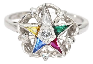 18k White Gold Ring With Masonic Star Made of Multiple Different Stones, Size 6.25