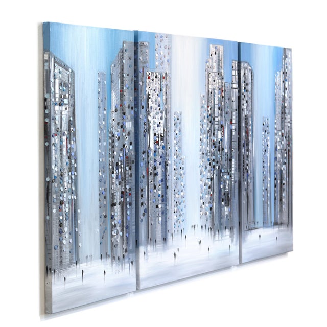 Abstract City Pulse - Original Textured Abstract Cityscape Oil Painting Triptych For Sale - Image 3 of 9