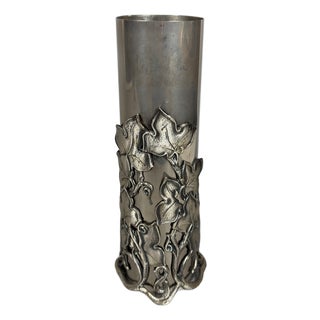 Cylindrical Silver-Plated Brass Vase with Removable Base and Ivy Leaves For Sale