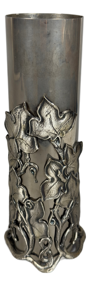 Cylindrical Silver-Plated Brass Vase with Removable Base and Ivy Leaves