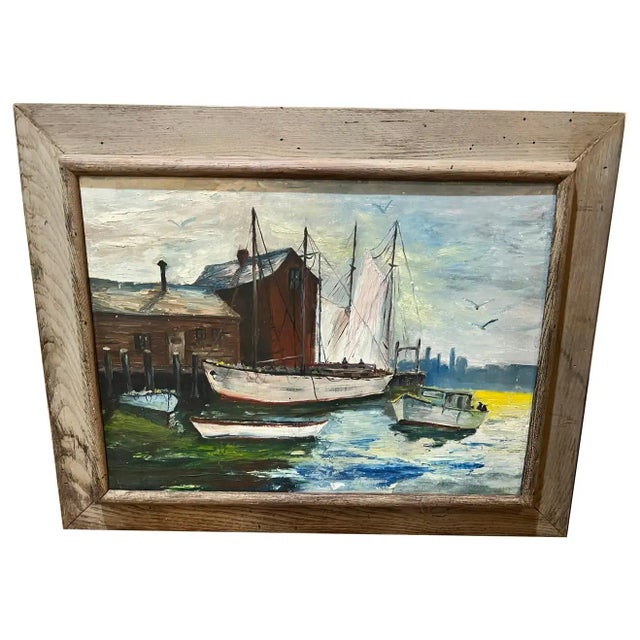 Mid Century Painting of Sailboats in Harbor For Sale - Image 13 of 13