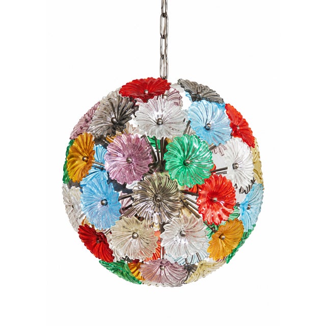 Contemporary Sputnik Pendant Light with 51 Flowers in Multicolored Glass and Burnished Brass from Justfurnituress SRL For Sale - Image 3 of 11