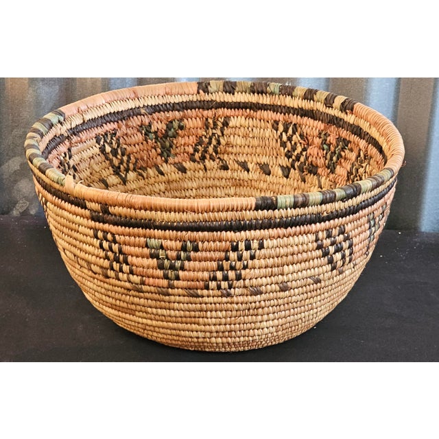 Tan Vintage Native American Style Handwoven Coiled Basket With Geometric Design, C. 1960 For Sale - Image 8 of 12