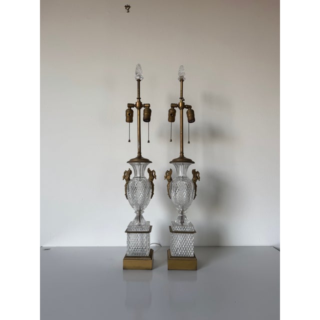 Vintage French Empire Neoclassical Style Cut Crystal & Swan Bronze Ormolu Table Lamps – A Pair For Sale In Miami - Image 6 of 13