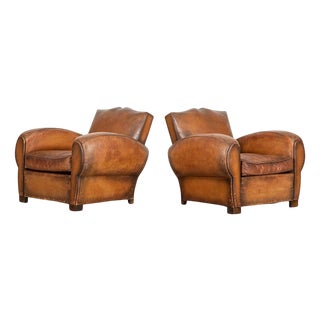 Set of French Leather Moustache Back Club Armchairs, 1930s For Sale