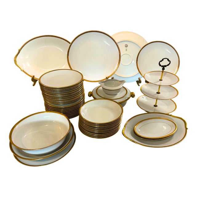 French Arès Prestige Porcelain Dinnerware Set for 12 with Hand-Gilded Gold from Raynaud Limoges, 1980s, Set of 46 For Sale