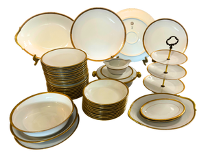 French Arès Prestige Porcelain Dinnerware Set for 12 with Hand-Gilded Gold from Raynaud Limoges, 1980s, Set of 46
