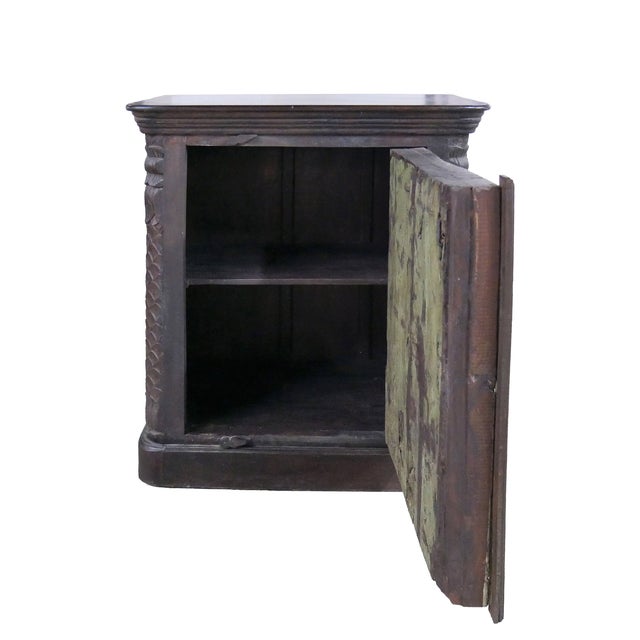 Farmhouse 1920s Distressed Green Farmhouse Storage Cabinet | Rustic Hand Carved Solid Wood Nightstand Dresser |Reclaimed Antique Door Entryway Console Table For Sale - Image 3 of 5