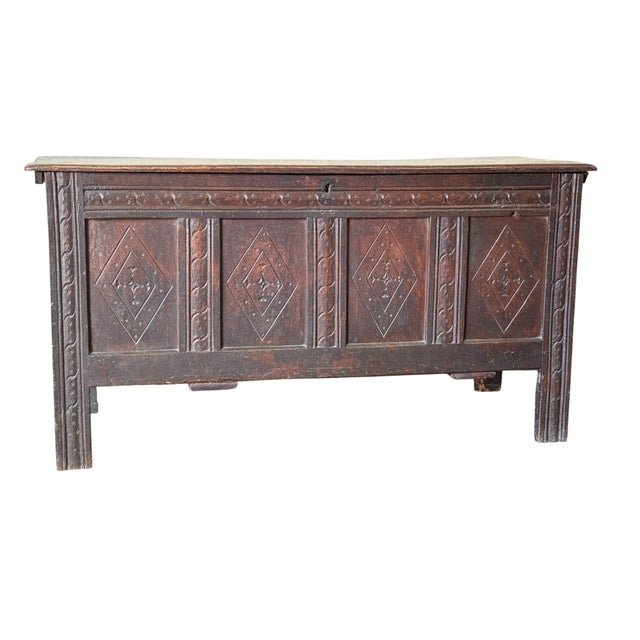 Brown English Carved Oak Four-Panel Chest, 1680 For Sale - Image 8 of 8