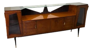 Wooden Sideboard with Brass Tips & Colored Glass and Crystal Top by Consorzio Esposizione Mobili Cantù, 1960s