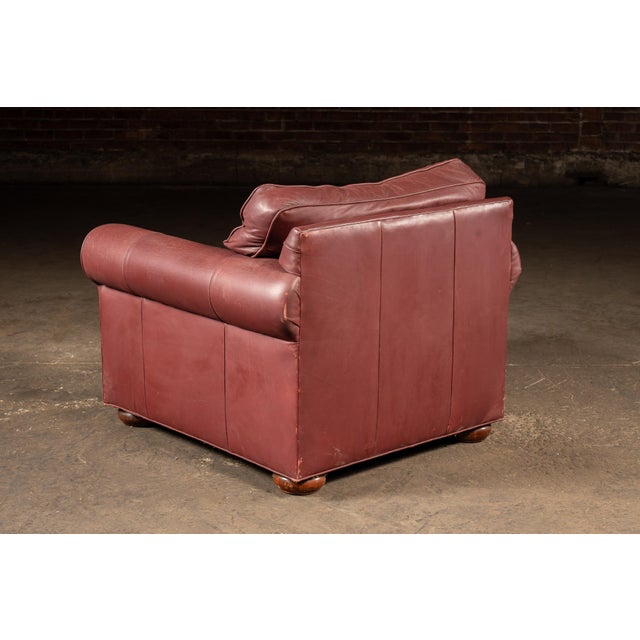 Wood Late 20th Century Red Leather Armchair With Ottoman For Sale - Image 7 of 18