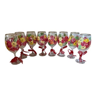Vintage Hand-Painted Floral Wine Goblets, Set of Eight Garden Party Stemware Hostess Set Cottagecore - Set of 8 For Sale