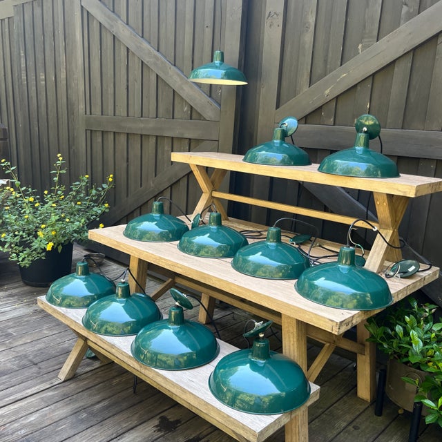 Green Industrial-Style Enamel Barn Pendant Lights – Green & White-Set of 11 For Sale - Image 8 of 11