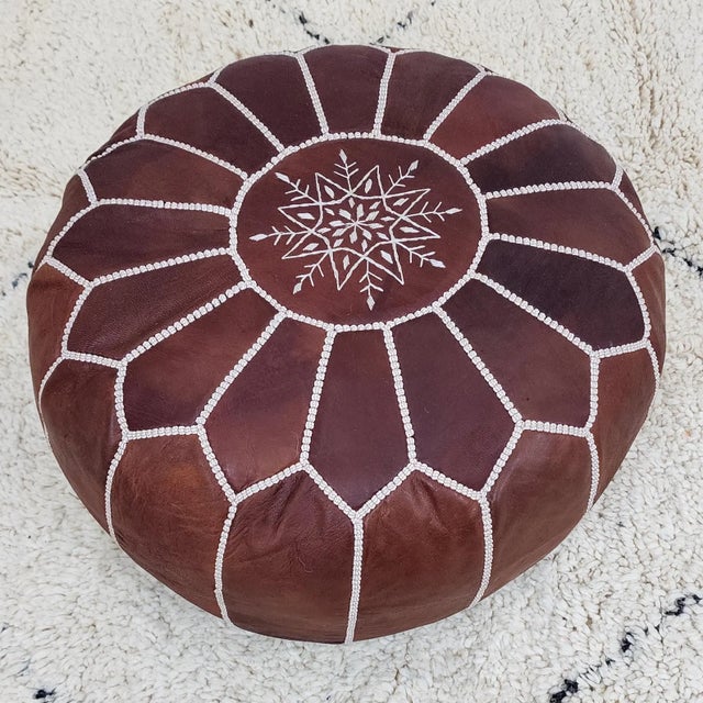 Authentic Moroccan Pouf – Genuine Leather Ottoman, Handmade Footstool, Unstuffed Floor Cushion, Bohemian Living Room Decor For Sale - Image 6 of 11