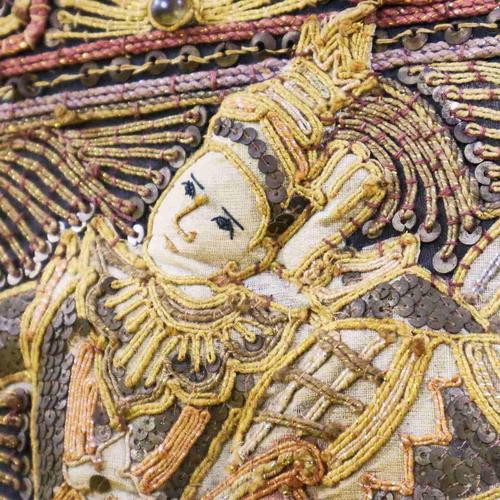 Burmese Kalaga Tapestry Embroidered with Elephants in a Golden Frame, 2000s For Sale - Image 4 of 9