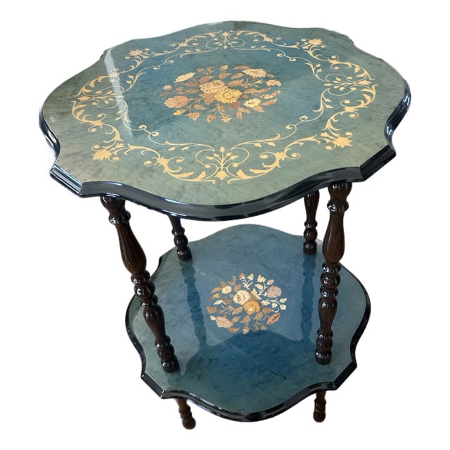 Italian Sorrento Wood Inlay (Marquetry) Tiered Side MCM Table in Mahogany For Sale