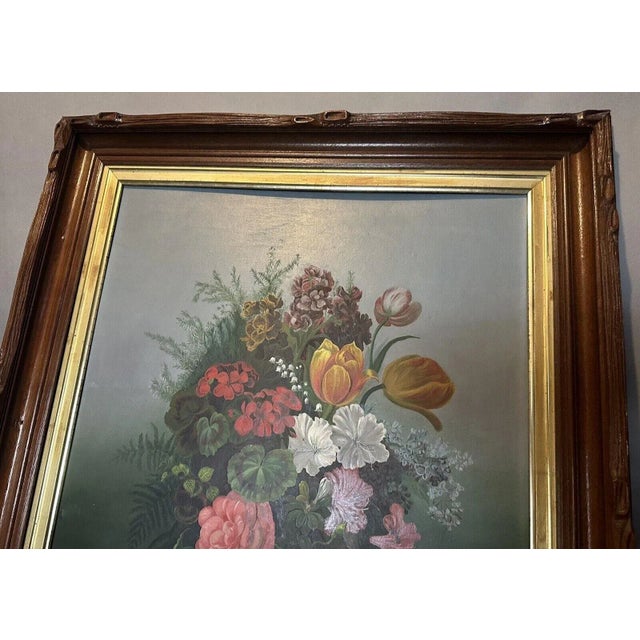 Wood Antique Victorian Floral Still Life Oil Painting in a Carved Walnut Frame For Sale - Image 7 of 10