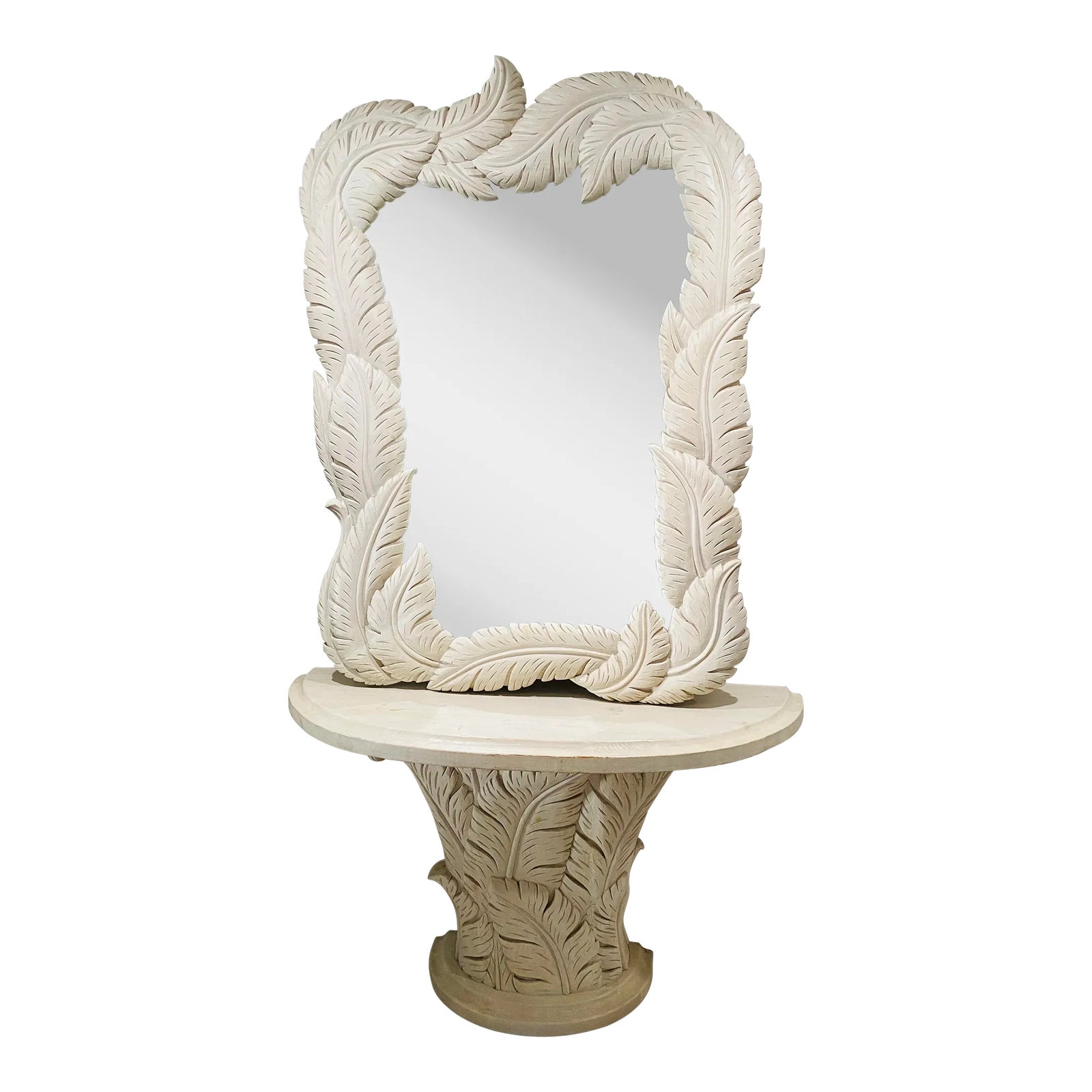 Serge Roche Style Wood Carved Palm Tree Front Console Table & Mirror ...