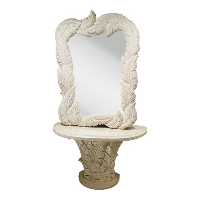 Serge Roche Style Wood Carved Palm Tree Front Console Table & Mirror For Sale