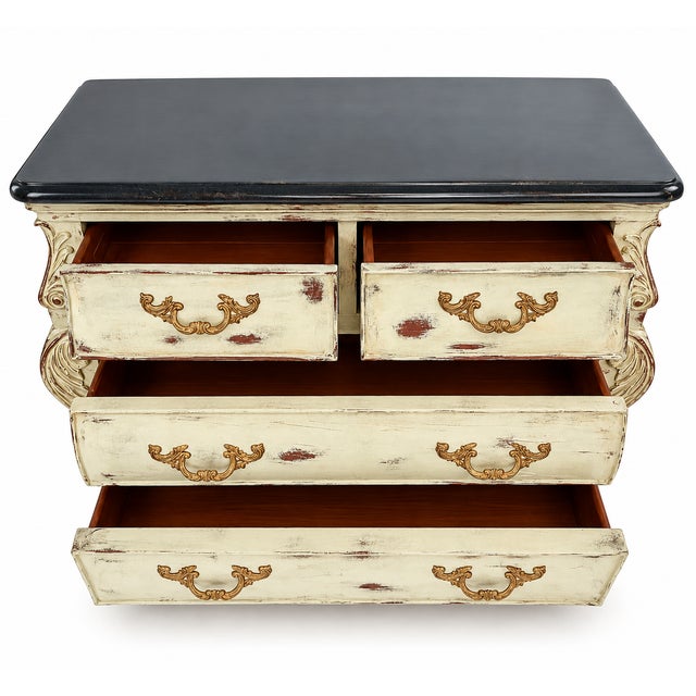 French Provincial Late 20th Century Thomasville French Provincial Painted & Distressed Marble Top Bombe Commode For Sale - Image 3 of 13