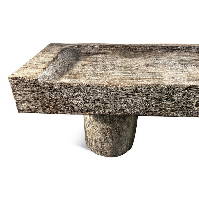 Early 21st Century Vintage Modern Rustic Slab Three Pillar Bench For Sale - Image 5 of 7