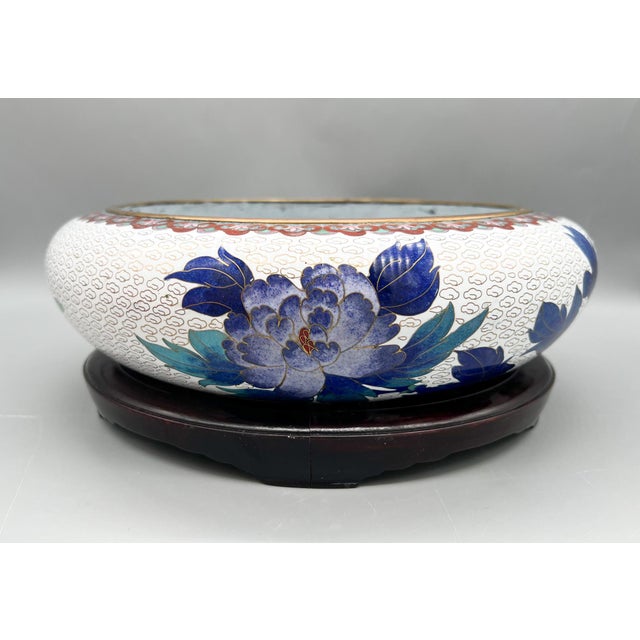 Large Cloisonné Floral Bowl With Peony Motif on Carved Wood Stand — Chinoiserie / Asian Traditional For Sale - Image 13 of 18