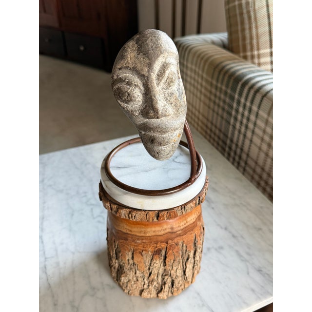 Surrealist Carved Stone Face Sculpture Steel Base Tribal Style Raw Wood Pedestal For Sale - Image 4 of 17