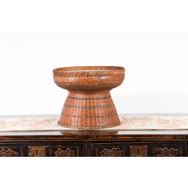 Rustic Thai Vintage Woven Rattan Fruit Market Basket with Pedestal Tapering Base For Sale - Image 3 of 11