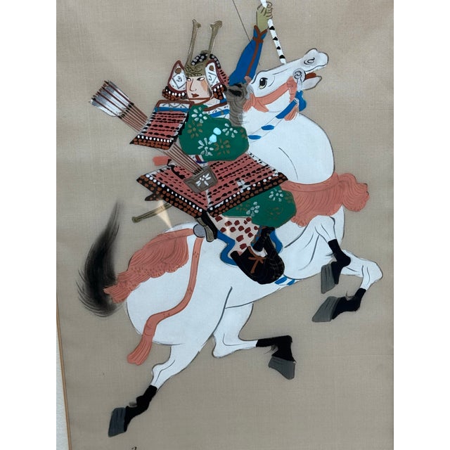 Vintage Pair of Paintings on Silk- Samurai on Horseback For Sale - Image 10 of 12