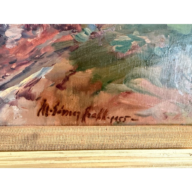 This expressive 1955 oil painting on board depicts a rural countryside scene featuring a farmer guiding oxen pulling a...