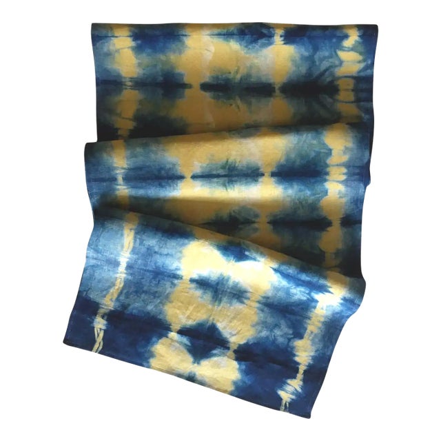 Rousseau Gold & Indigo Blue Abstract Pattern Hand Dyed Linen Table Runner For Sale