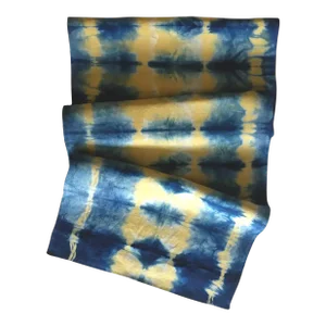 Rousseau Gold & Indigo Blue Abstract Pattern Hand Dyed Linen Table Runner