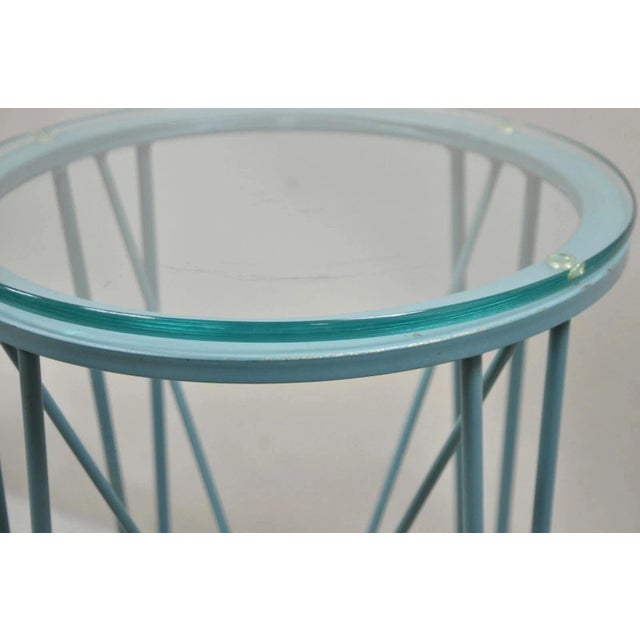 Postmodern Blue Wrought Iron "Skyscraper" Glass Top Pedestal Stand Side Table For Sale - Image 9 of 10