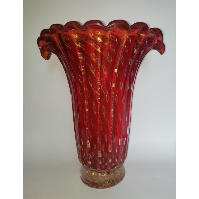 Barovier & Toso Vintage Murano Glass Vase Bullicante Red Gold Attr Barovier Toso For Sale - Image 4 of 17