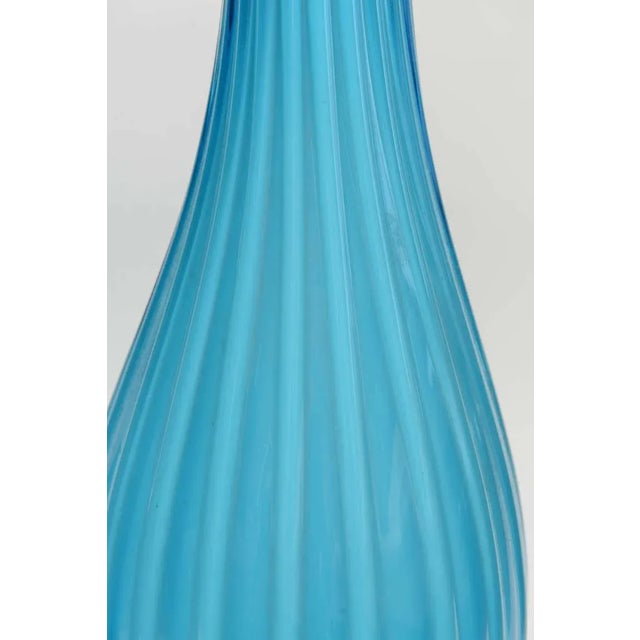 Vintage Murano Marbro Lamp Co.Turquoise Caribbean Sky Blue Ribbed Glass, Nickel Silver and Wood Lamps Pair Of For Sale - Image 9 of 10
