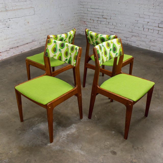Fantastic vintage Scandinavian Modern D Scan dining chairs with teak frames & avocado green & print fabric, set of 4....
