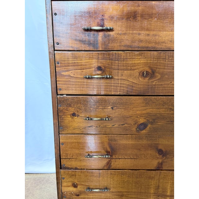 Wood Late 20th Century Solid Heart Pine Rustic Five Drawer Chest With Brass Pulls For Sale - Image 7 of 12
