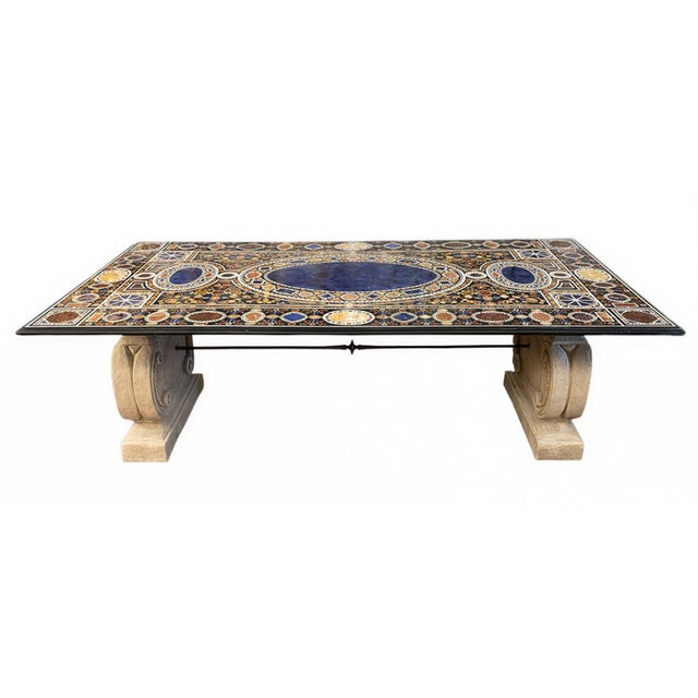 Extraordinary late 20th century Italian pietra dura dining table, featuring a monumental rectangular top richly inlaid...