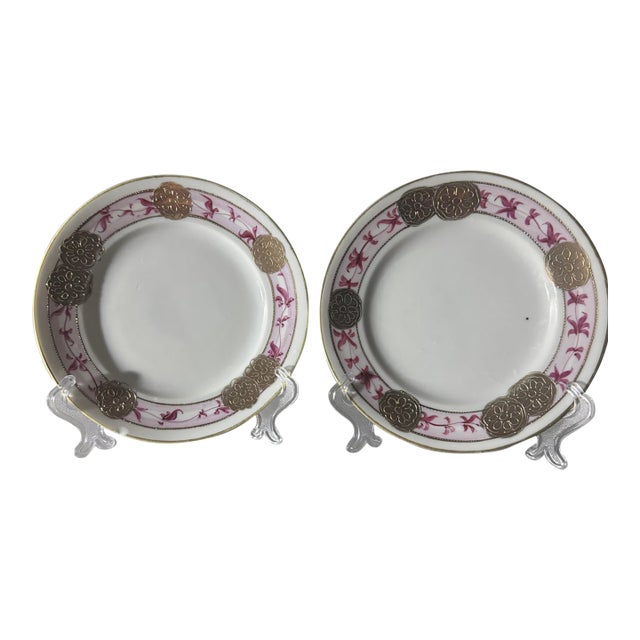 Antique Imperial Nippon Hand Painted Pink Ribbon & Gold Moriage Plates by Noritake - Pair For Sale