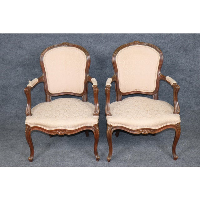 French 1940's Pair French Louis XV Style Carved Armchairs For Sale - Image 3 of 13
