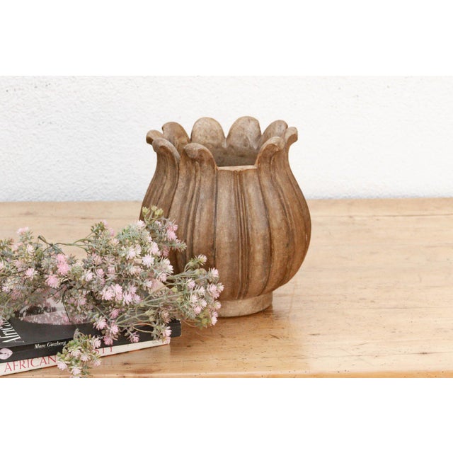 Large Carved Brown Marble Lotus Bowl For Sale - Image 9 of 9