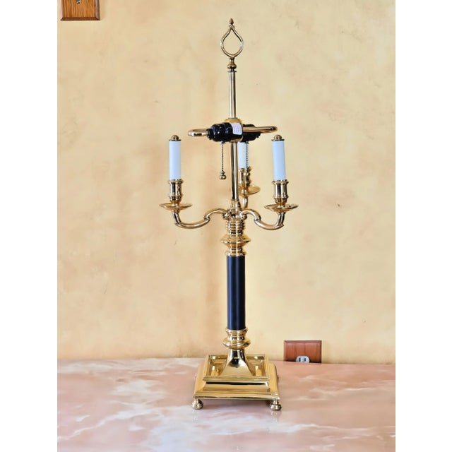 Vintage Brass Empire French-Style Tole Bouillotte-Style Lamp With Dual Black Chain Bulb Switches With Shade For Sale - Image 9 of 12