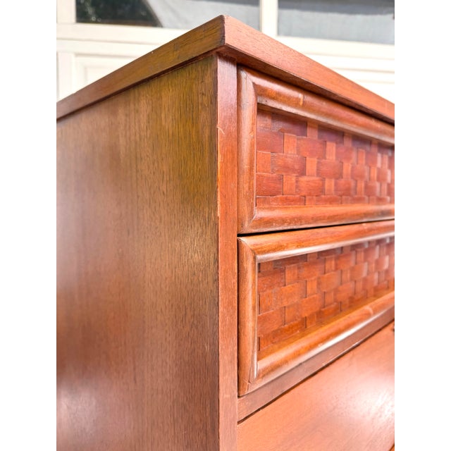 Wood Mid-Century Walnut Highboy Dresser Attributed to Lane With Woven Basketweave Drawers For Sale - Image 7 of 14