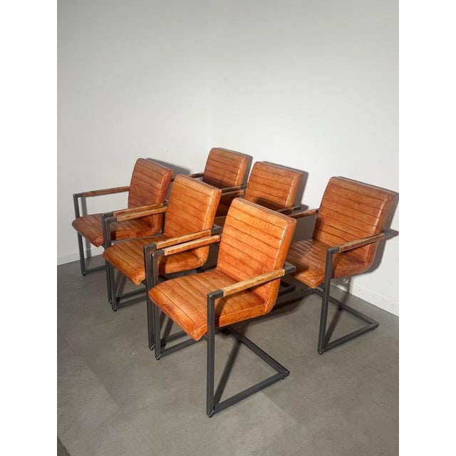 Vintage Cognac Leather Cantilever Armchairs, Set of 6 For Sale - Image 6 of 7