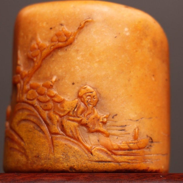 Chinese Shoushan Stone Antique Seal, Hand Carved Relief Landscape Visiting Friend by Boat Chinese Scholar Studio Chop For Sale - Image 3 of 9