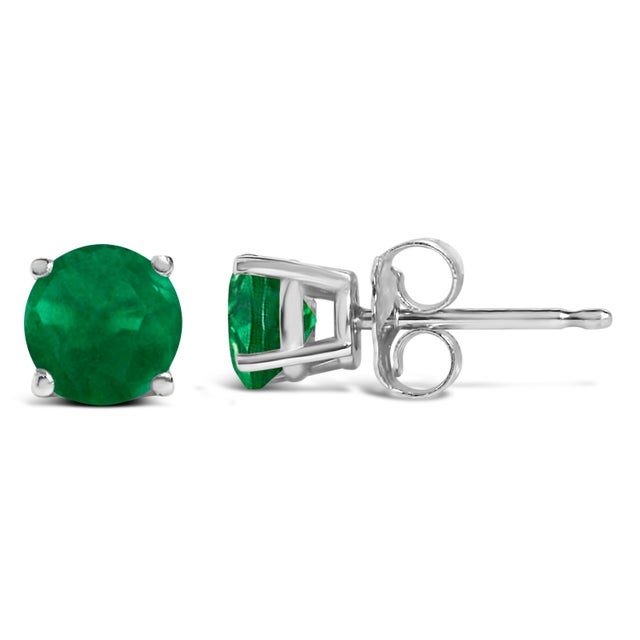 Contemporary 14K White Gold 5X5MM Round Green Emerald Solitaire Stud Earrings For Sale - Image 3 of 5