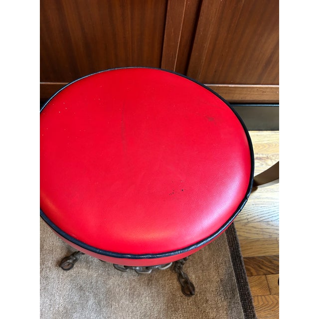 Vintage Industrial Brutalist Welded Iron Chain Stool With Red Vinyl Seat For Sale - Image 4 of 6